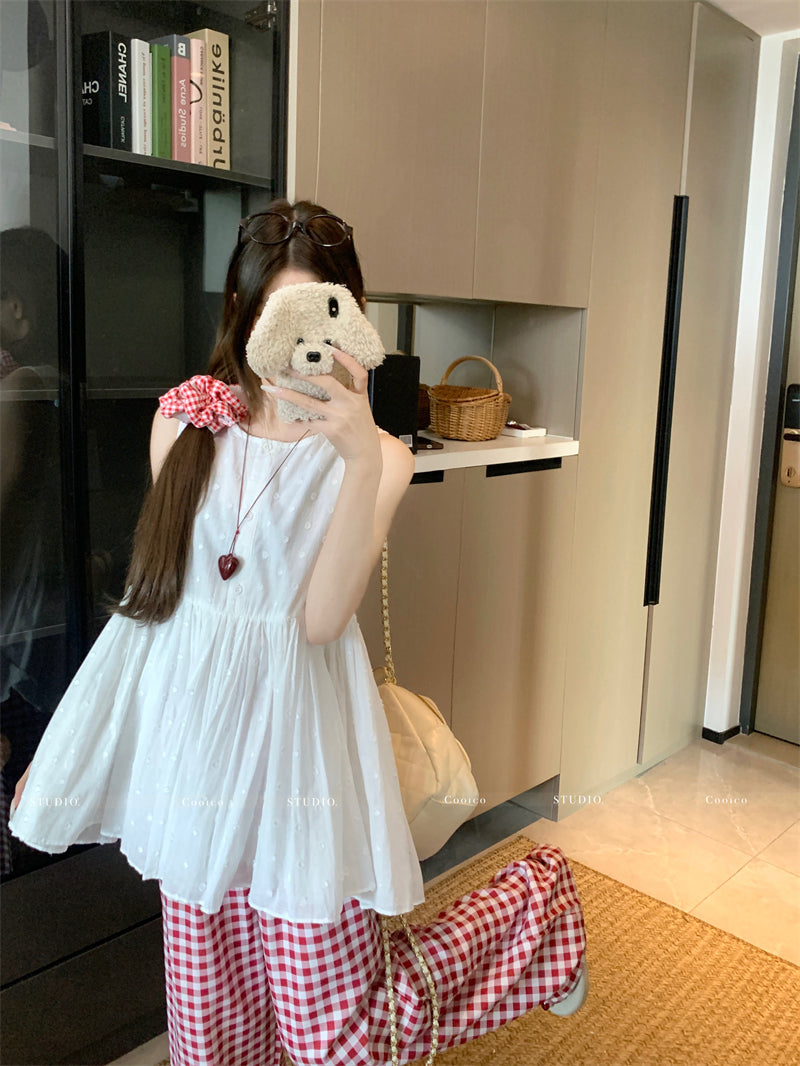 💕溫柔無袖印花蓬蓬背心襯衫