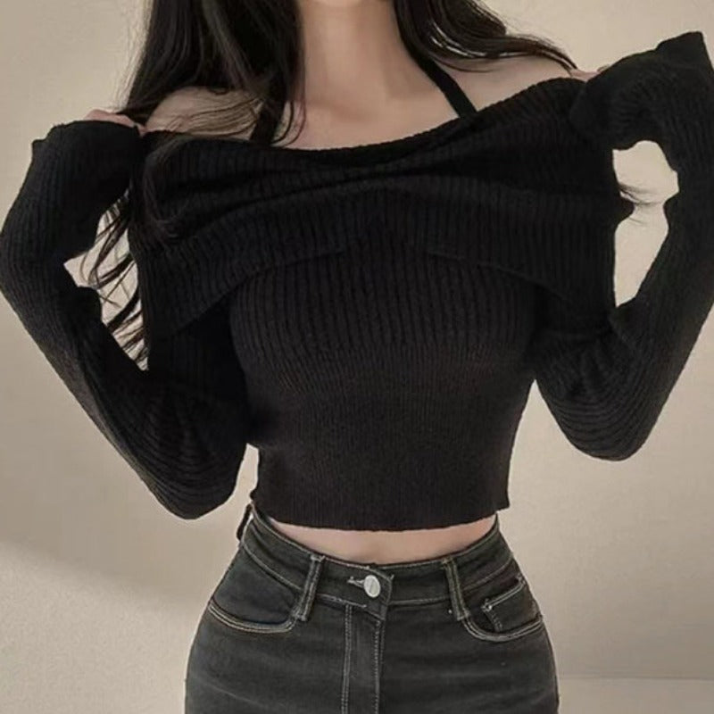 💕秋冬露肩掛脖喇叭袖針織毛衣