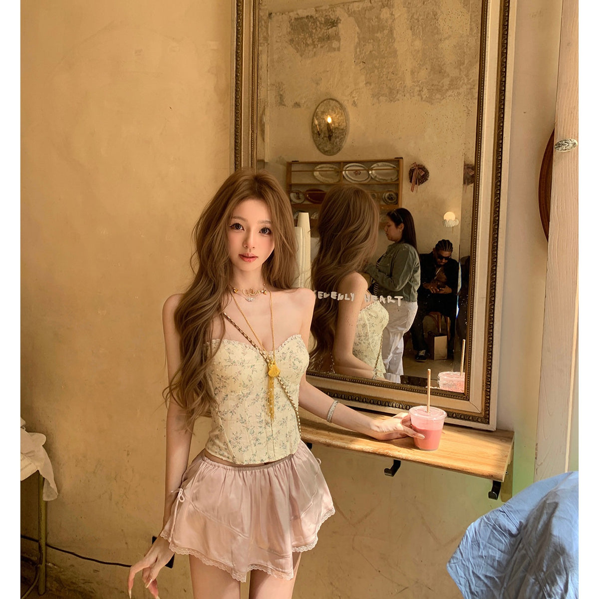 💕清新碎花蕾絲抹胸緞面半裙套裝
