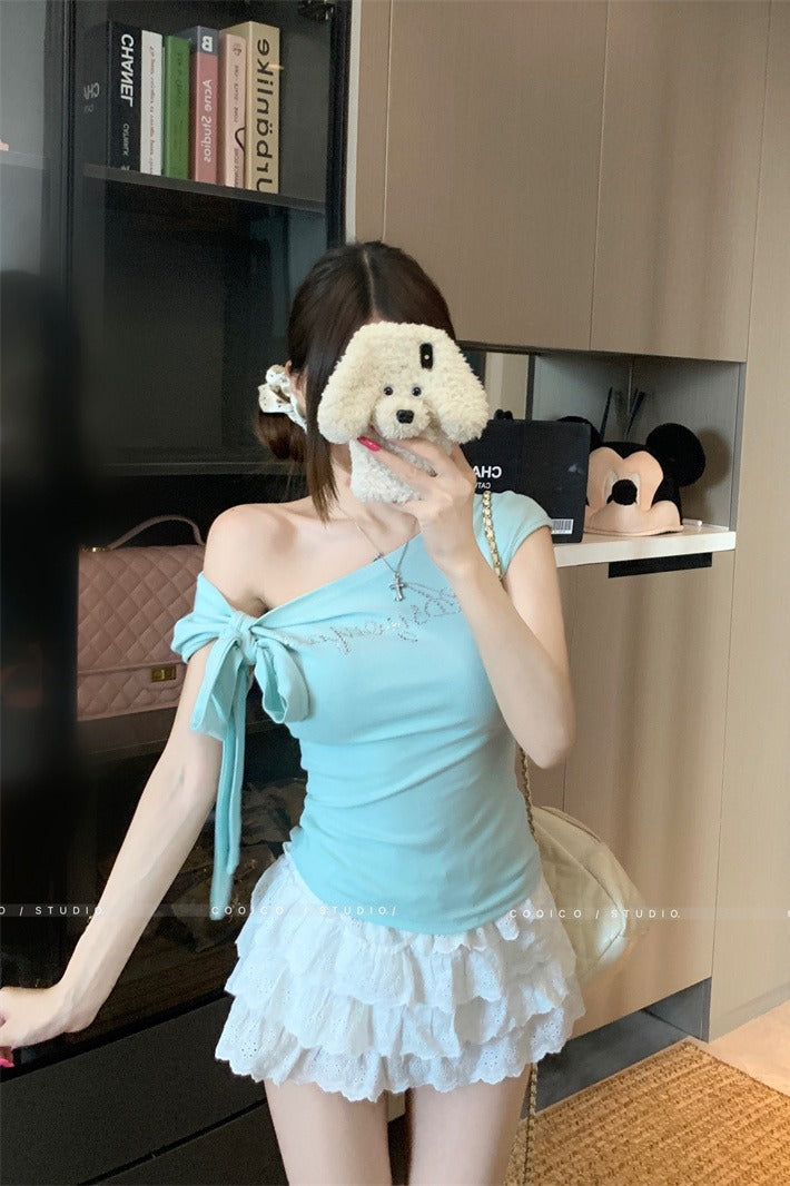 💕斜肩綁帶修身收腰短袖上衣