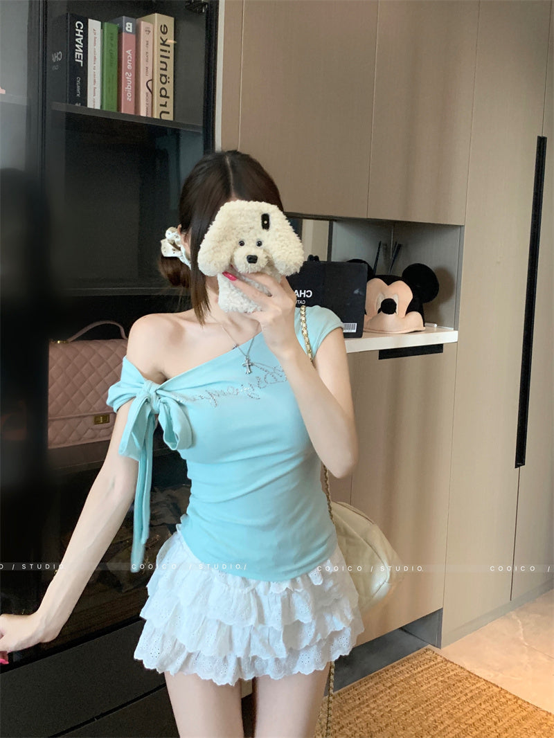 💕斜肩綁帶修身收腰短袖上衣