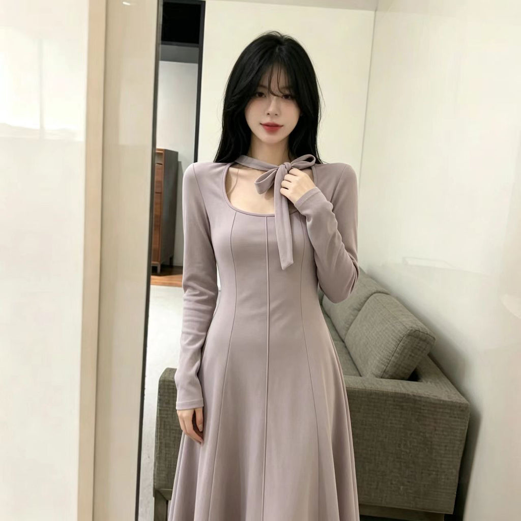 💕秋冬韓系輕熟風方領長袖系帶顯瘦連身裙