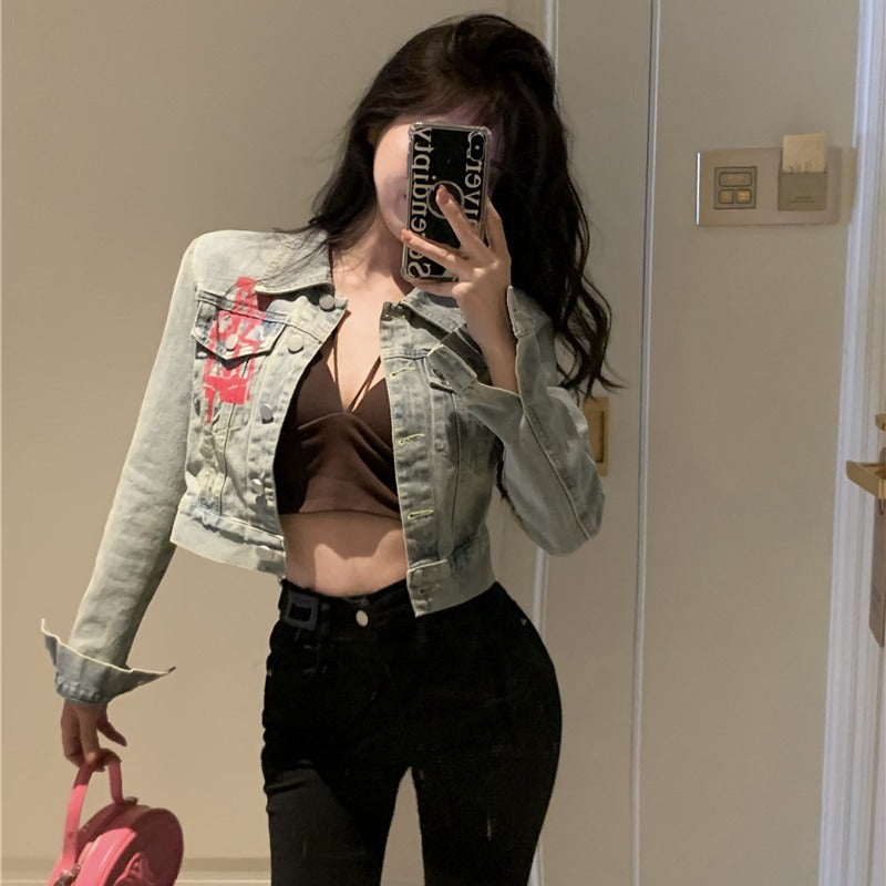 💕美式甜酷塗鴉字母印花短款夾克牛仔外套
