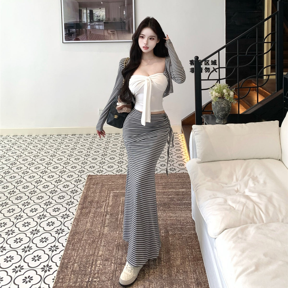 💕氣質純欲短款吊帶高腰條紋三件套