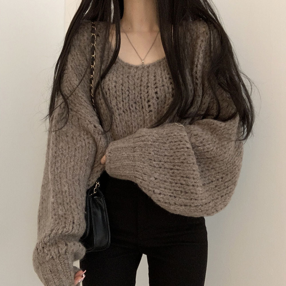 💕韓系chic春秋百搭寬鬆燈籠袖針織上衣