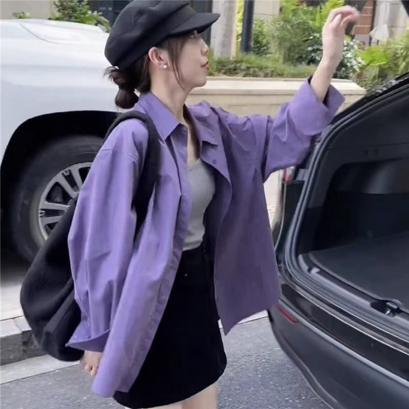 💕高級感溫柔韓系chic紫色襯衫外搭上衣