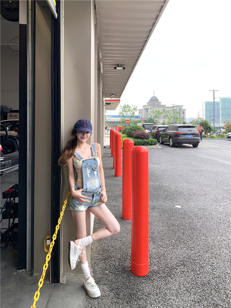 💕活潑俏皮百搭牛仔背帶短褲