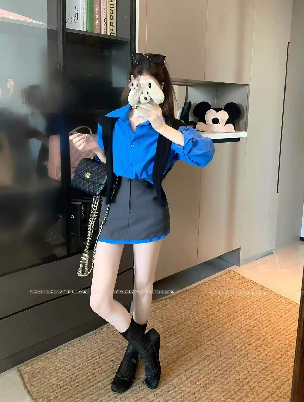 💕chic韓系藍色polo長袖襯衫三件套