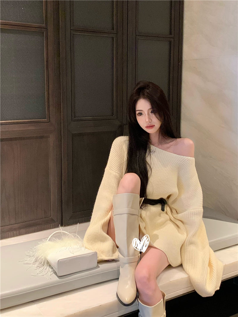 💕氣質甜美露肩針織寬鬆配腰帶連衣裙