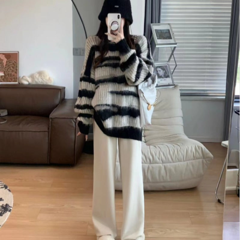 💕韓系ins秋冬撞色條紋慵懶中長毛衣針織衫
