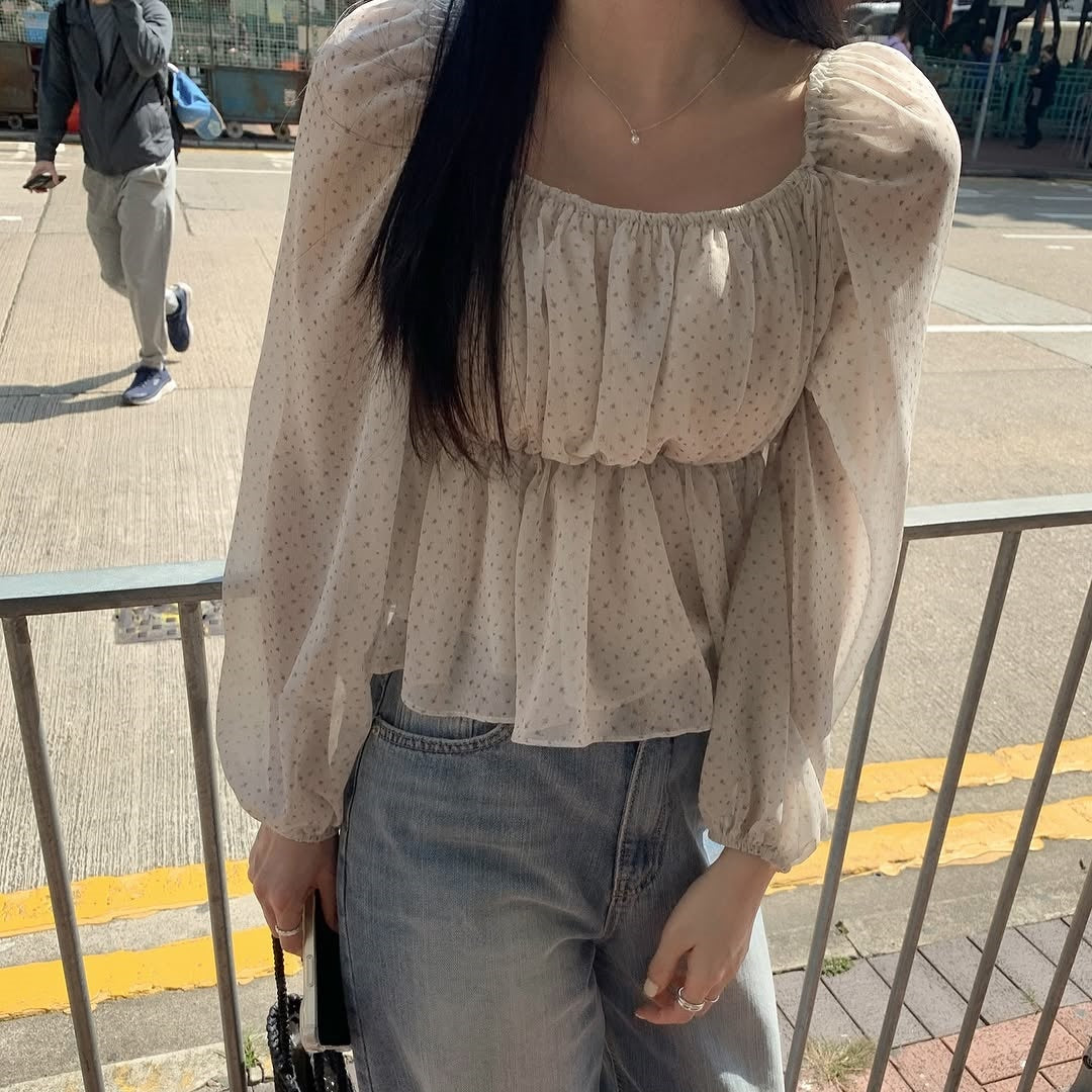 💕ins系法式方領碎花收腰泡泡袖雪紡上衣