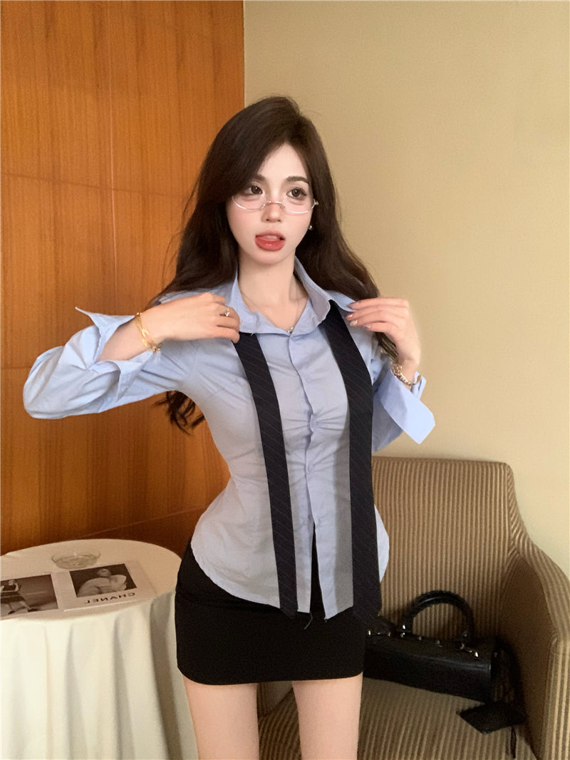💕韓版秘書款收腰帶領襯衫兩件套