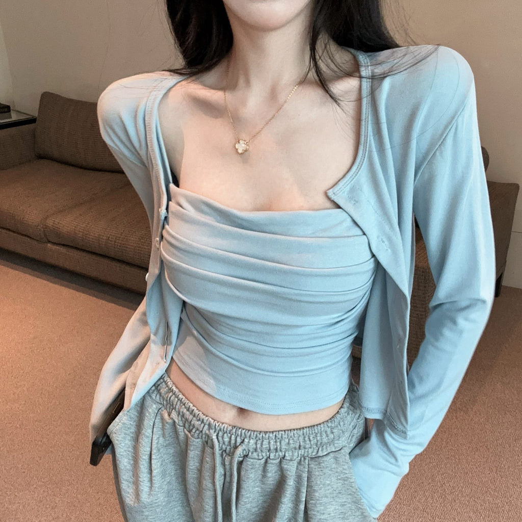 💕氣質慵懶休閒褶皺兩件式套裝