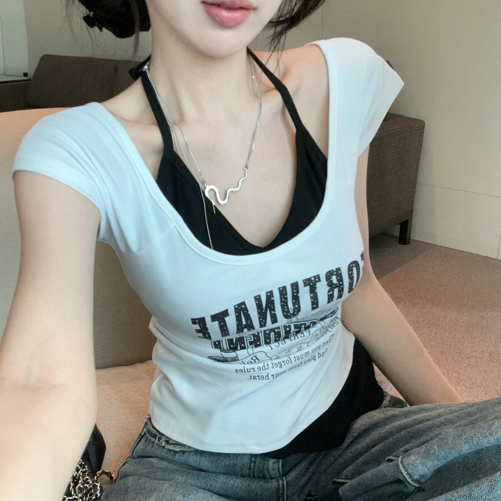 💕夏季新款小心機掛脖假兩件上衣