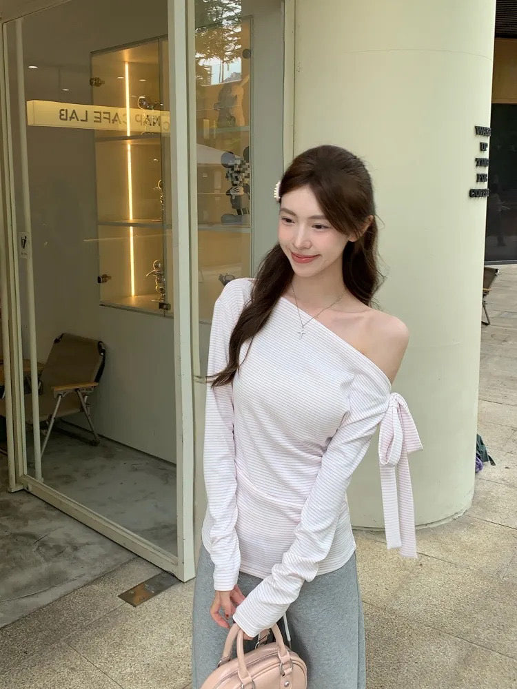 💕溫柔條紋露肩綁帶設計上衣