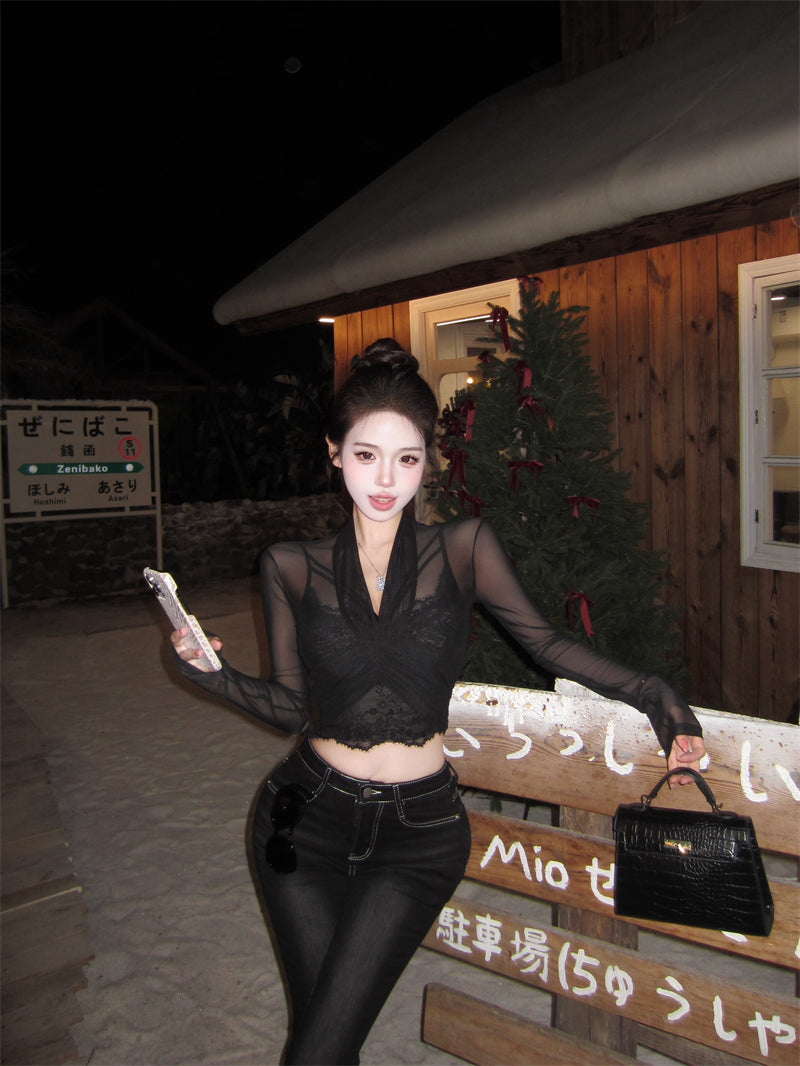💕性感微透網紗長袖V領蕾絲吊帶內搭上衣兩件套