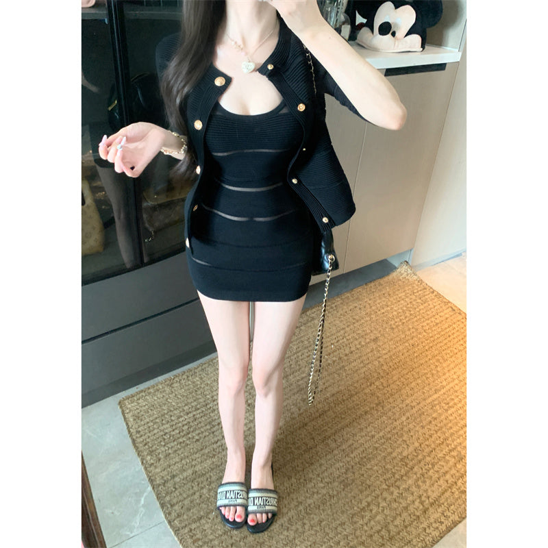 💕輕熟風拼接吊帶連衣裙外套套裝