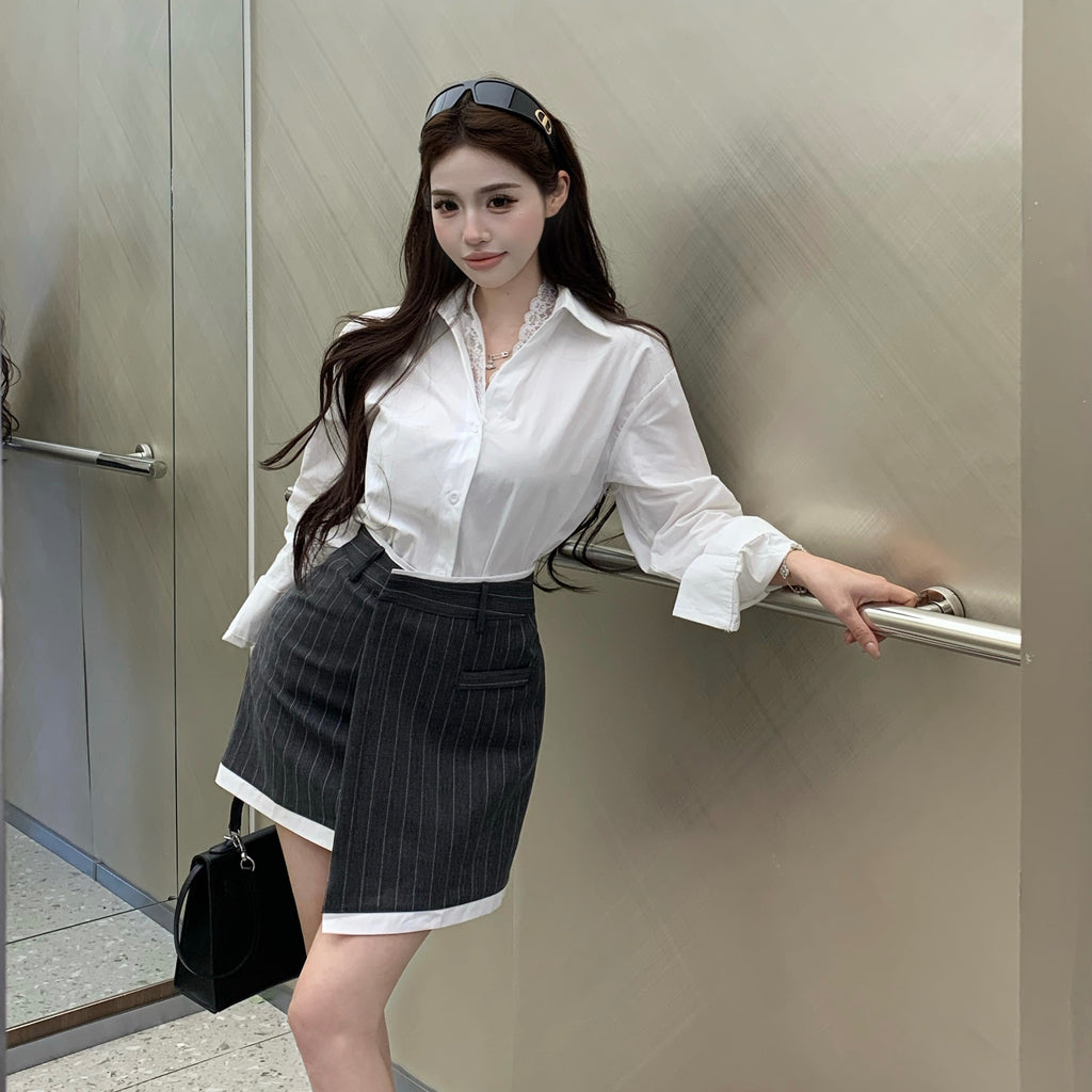 💕氣質翻領蕾絲花邊長袖襯衫不規則半身裙兩件套