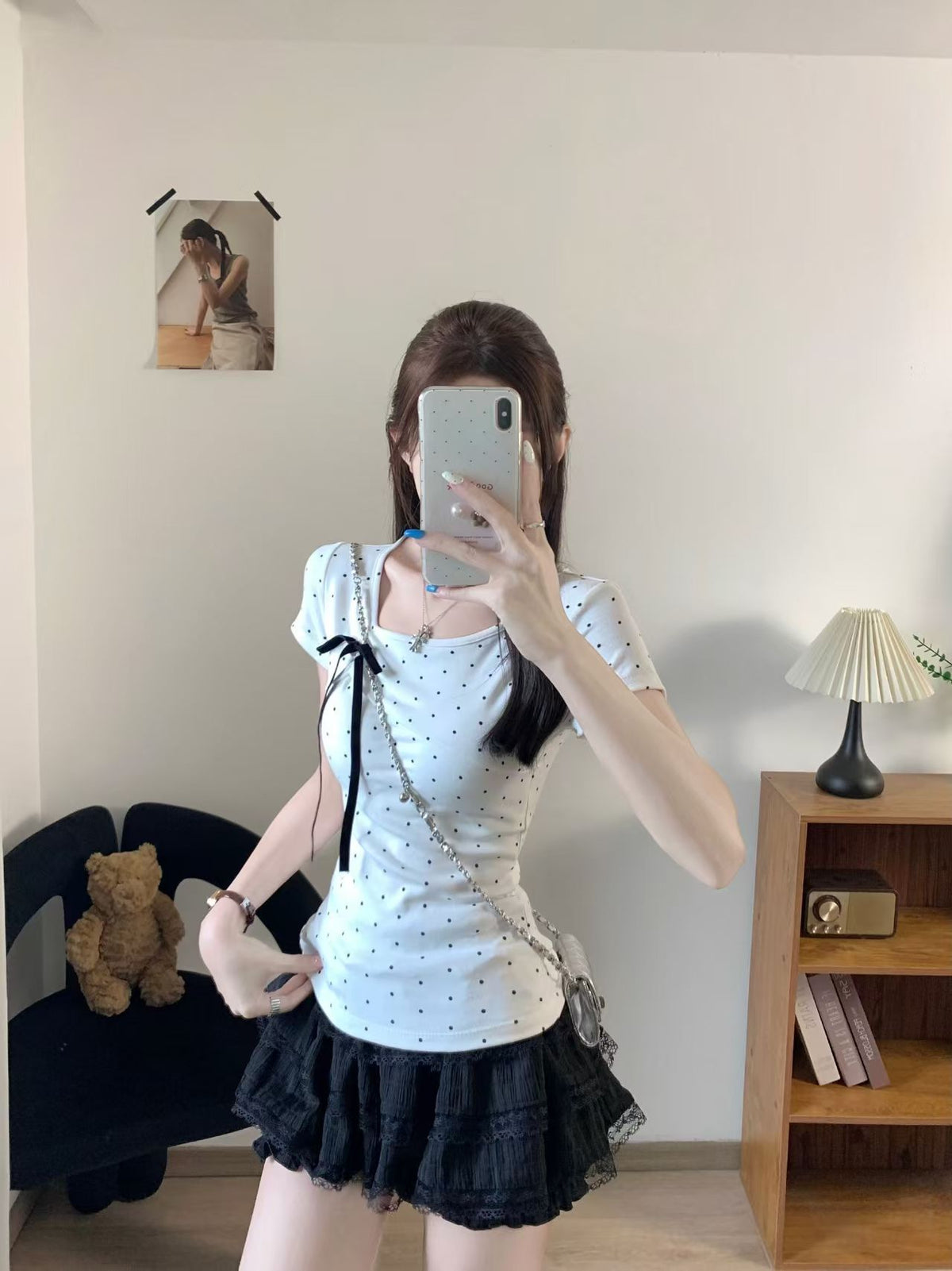 💕簡約百搭休閒帶胸墊蝴蝶結點點正肩上衣