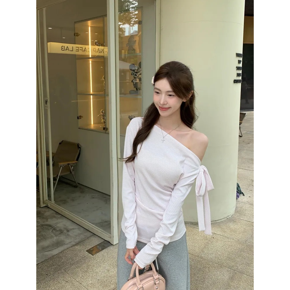 💕溫柔條紋露肩綁帶設計上衣