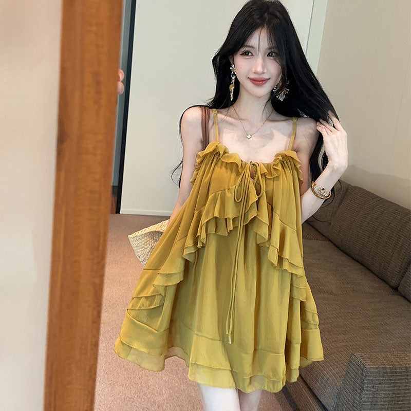 💕氣質重工吊帶荷葉邊不規則連衣裙