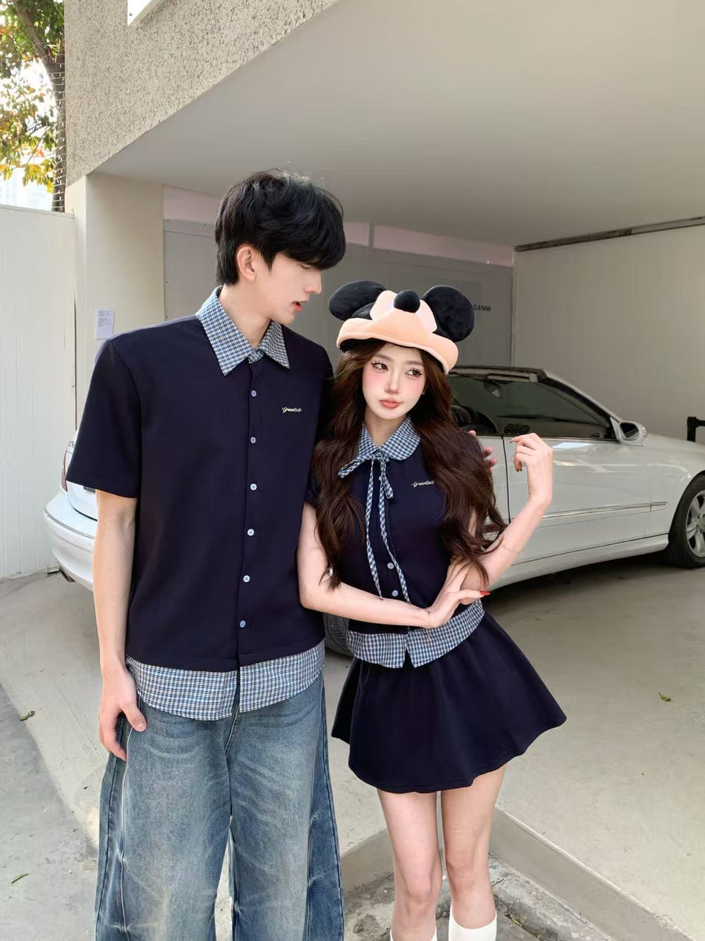 💕韓系學院風假兩件拼接翻領格子襯衫情侶裝