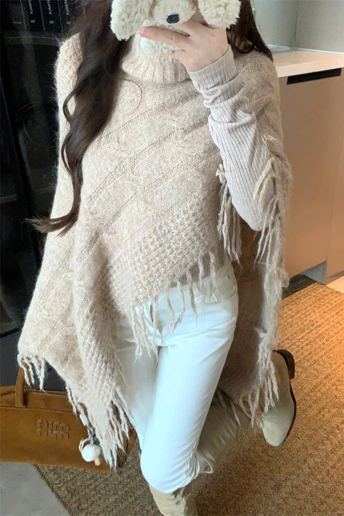 💕法式溫柔斗篷披肩氛圍感高領上衣