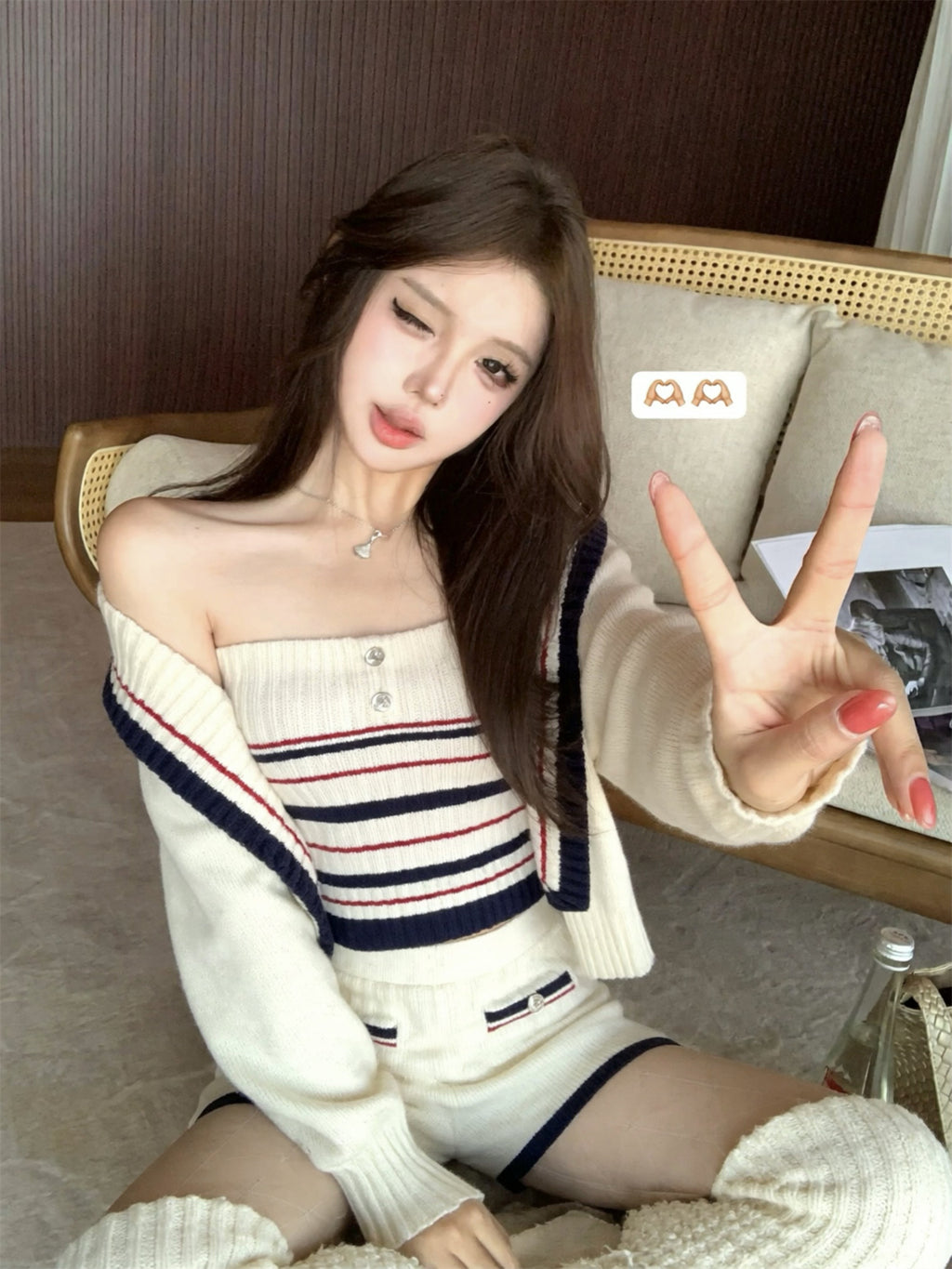 💕休閒慵懶條紋大翻領針織背心三件套
