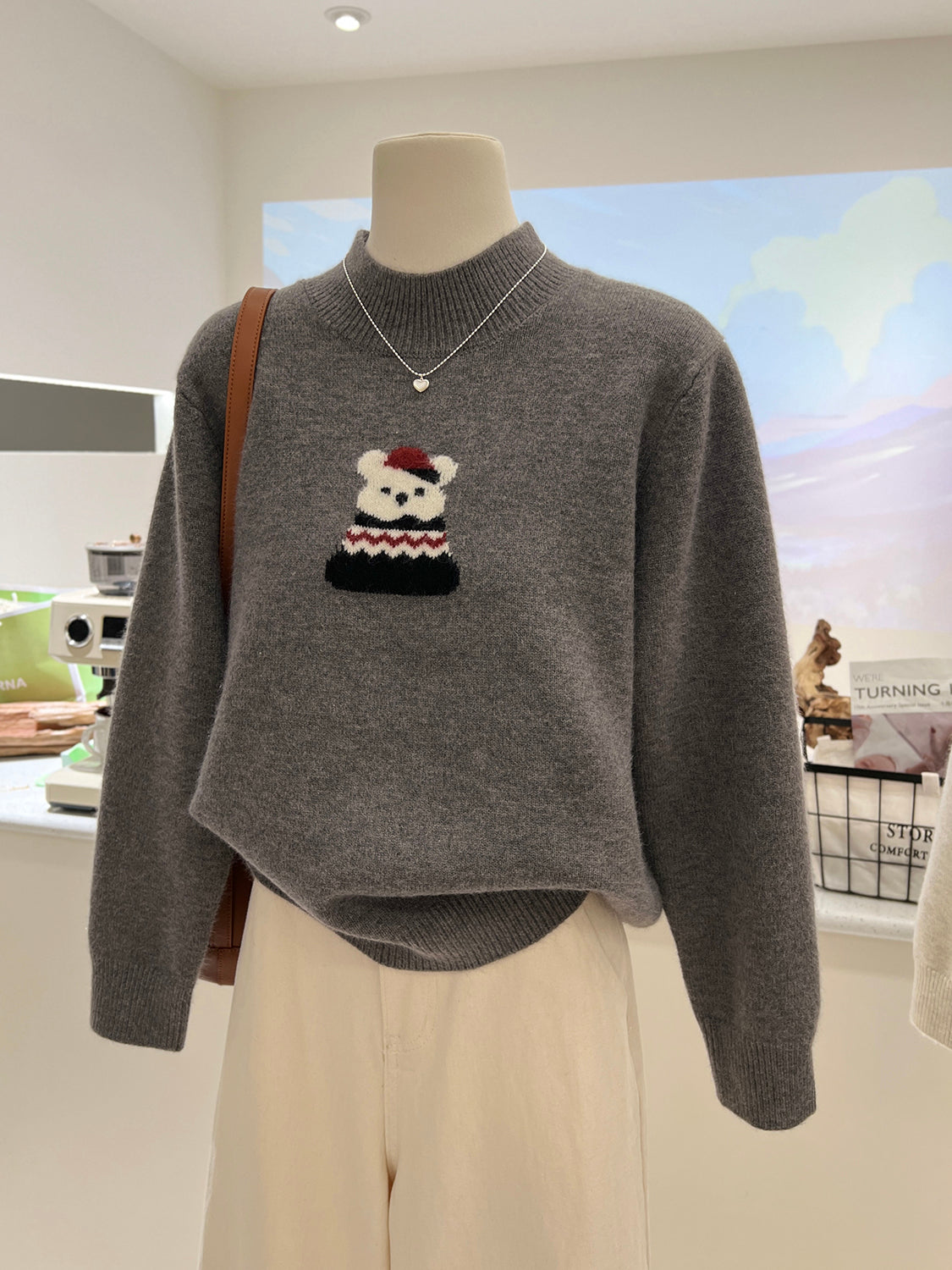 💕韓系超可愛冬季小熊緹花復古半高領針織毛衣