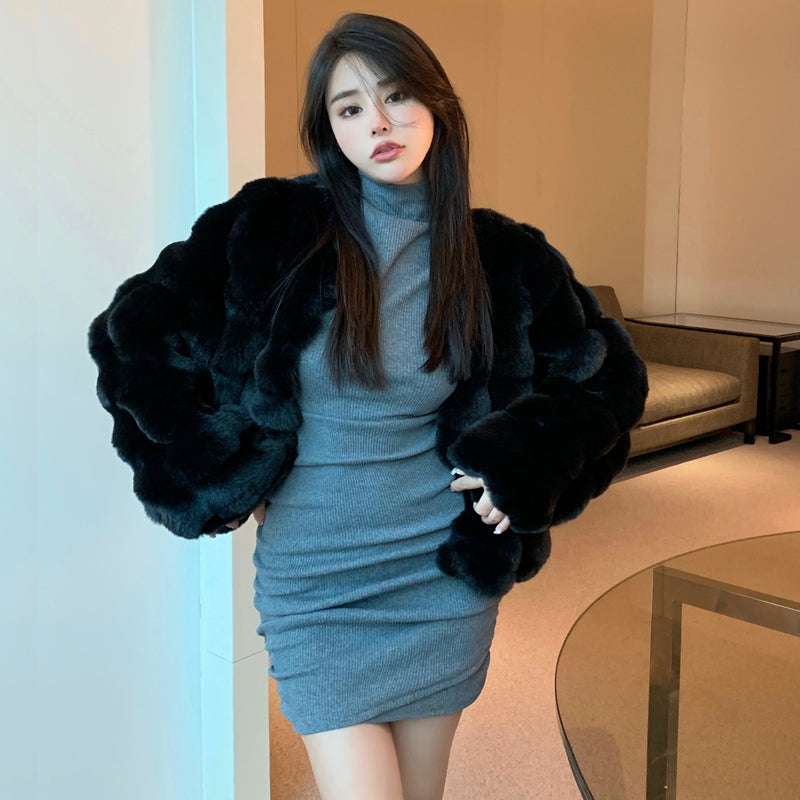 💕冬季高級感氣質保暖短款加厚毛毛外套