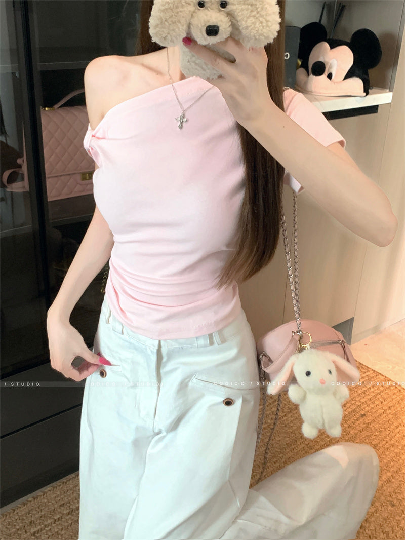 💕粉色短袖簡約斜肩T袖上衣