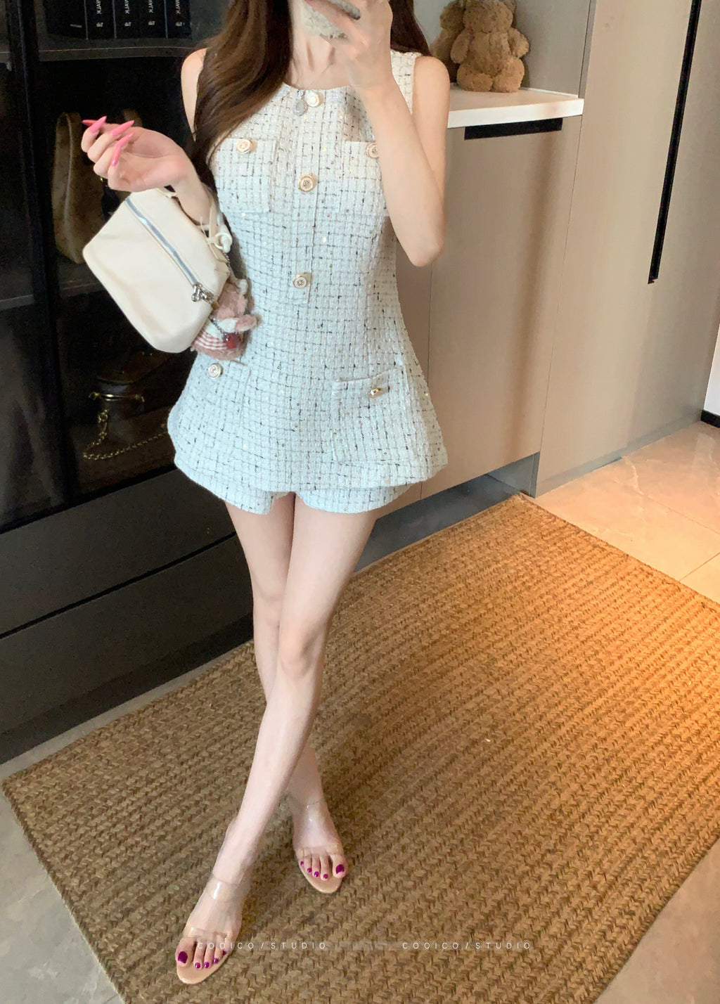 💕名媛小香千金風收腰無袖上衣短褲兩件套