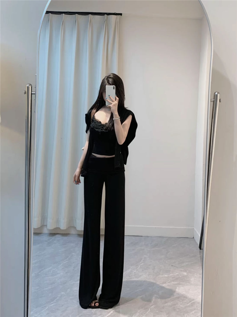 💕溫柔帶胸墊蕾絲吊帶休閒三件套