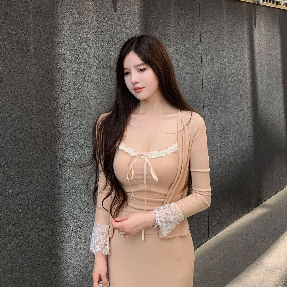 💕溫柔御姊休閒蕾絲吊帶半身裙三件套