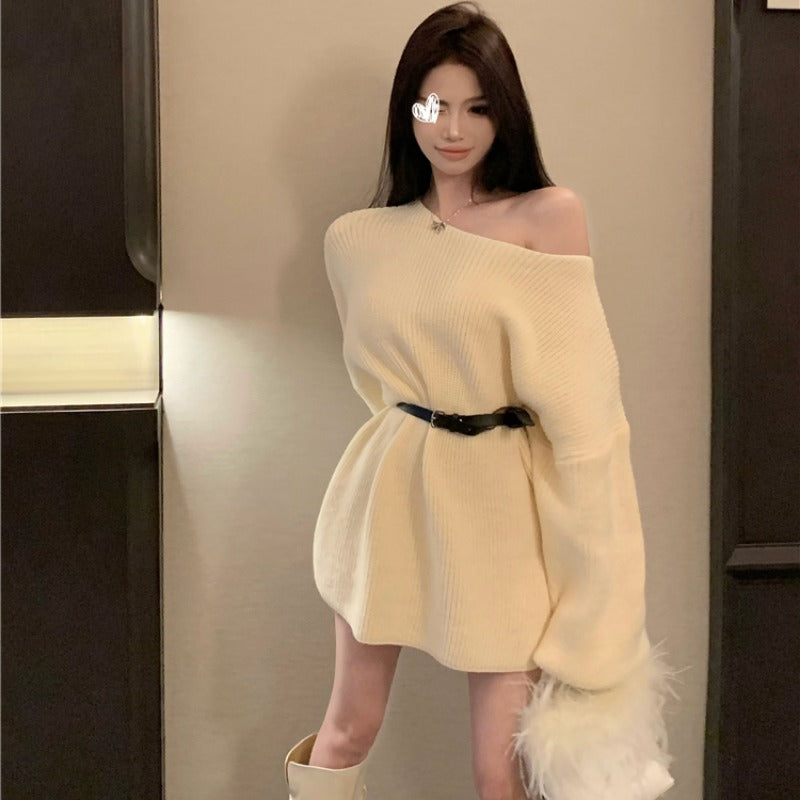 💕氣質甜美露肩針織寬鬆配腰帶連衣裙