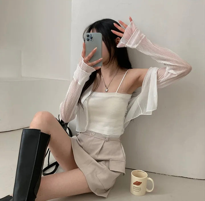 💕春夏防曬長袖雪紡開衫+網紗拼接針織吊帶