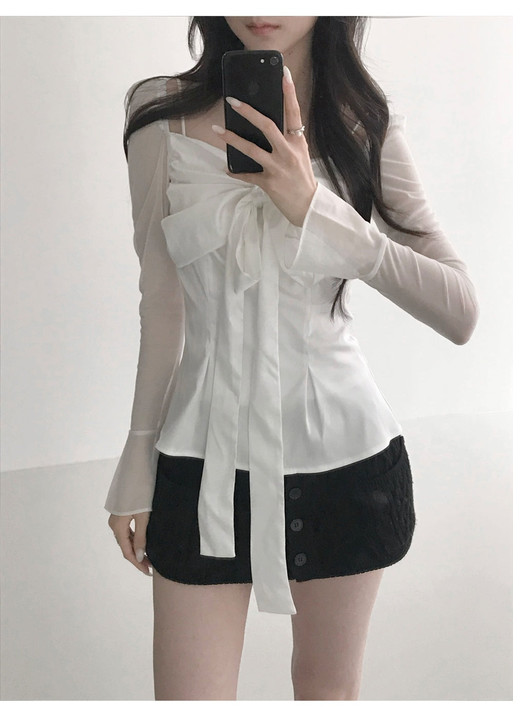 💕法式方領蝴蝶結飄帶氣質收腰顯瘦上衣