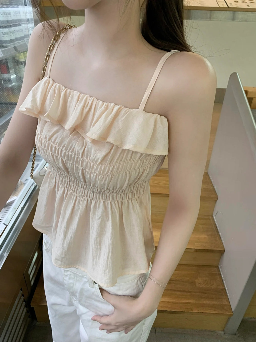 💕法式氣質溫柔荷葉邊皺褶吊帶背心