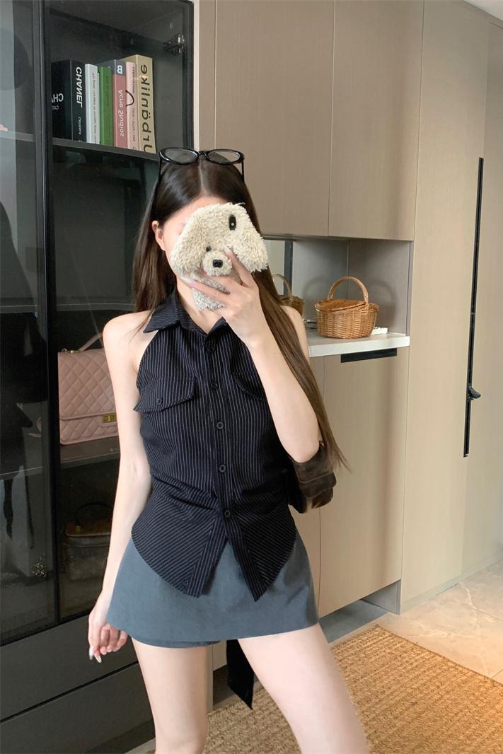 💕法式條紋露背收腰無袖上衣