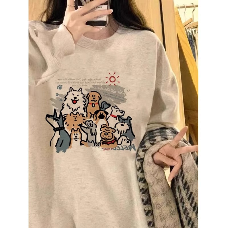 💕簡約時尚狗勾合集印花圓領長袖大學T
