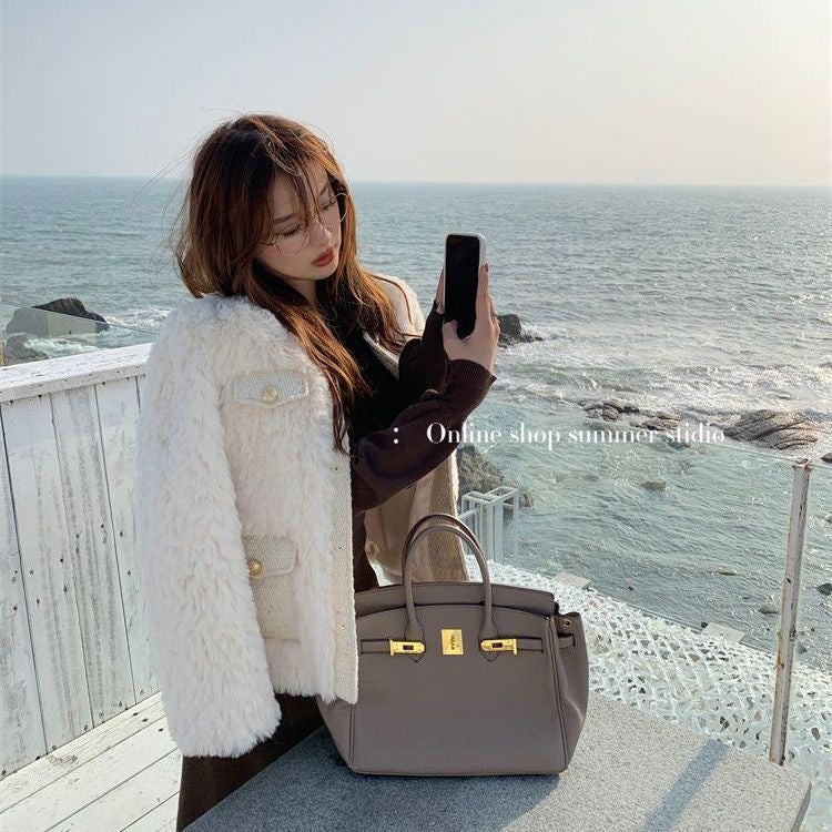 💕小香高級感仿兔毛加厚圓領外套