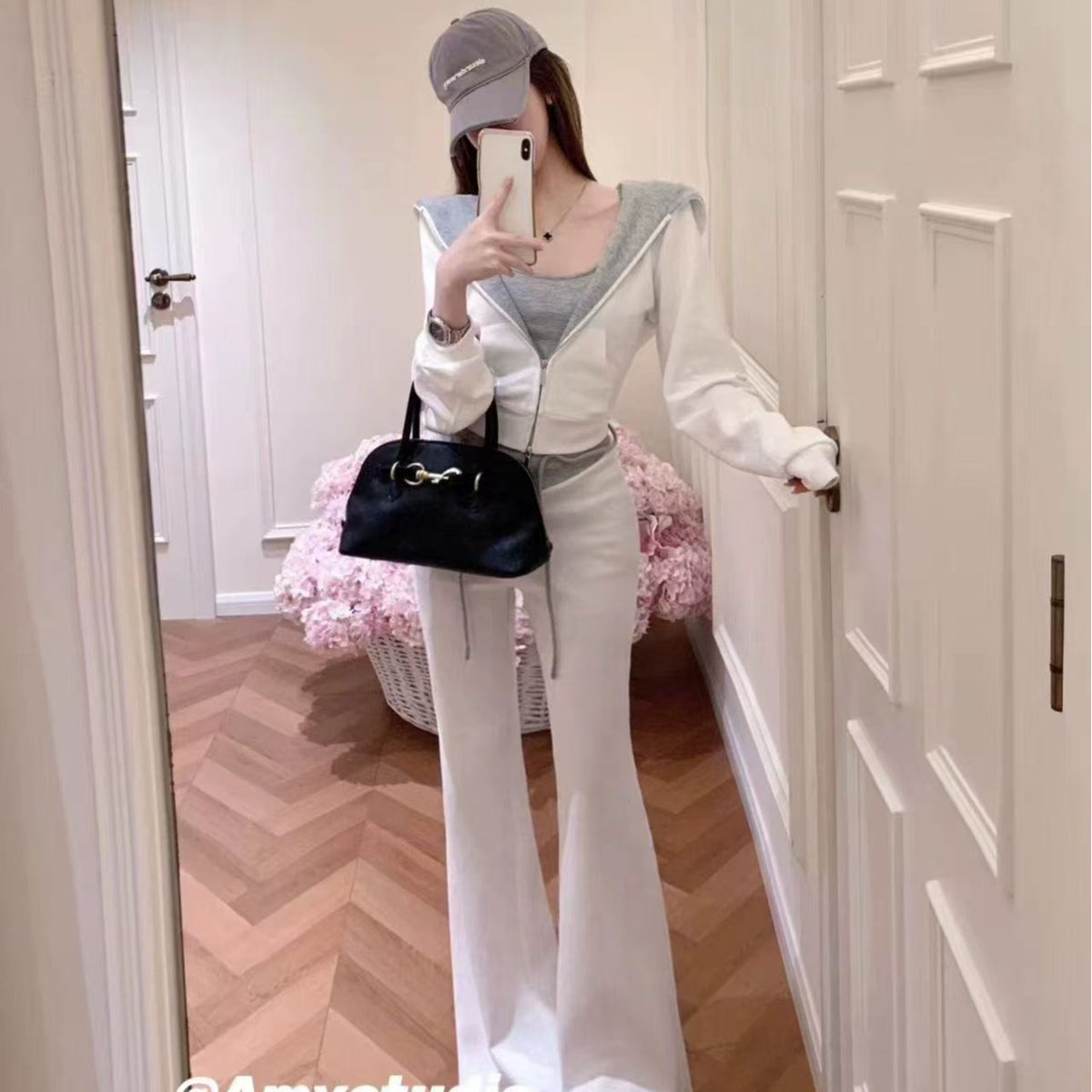 💕韓系撞色連帽開衫+吊帶+拼接休閒褲三件套