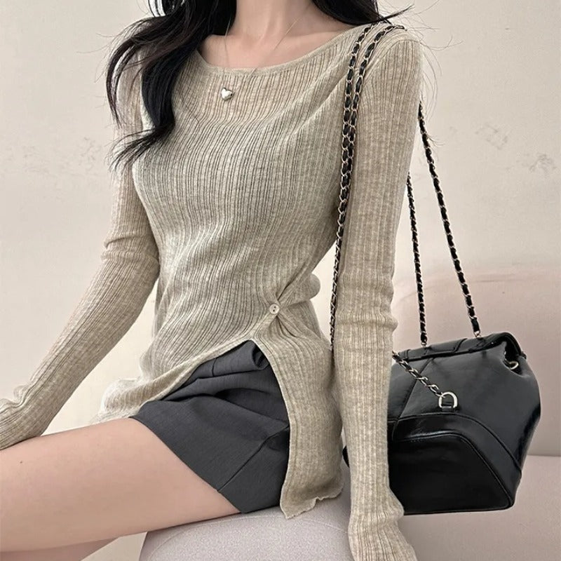 💕韓系春秋顯瘦設計感收腰開衩長袖上衣