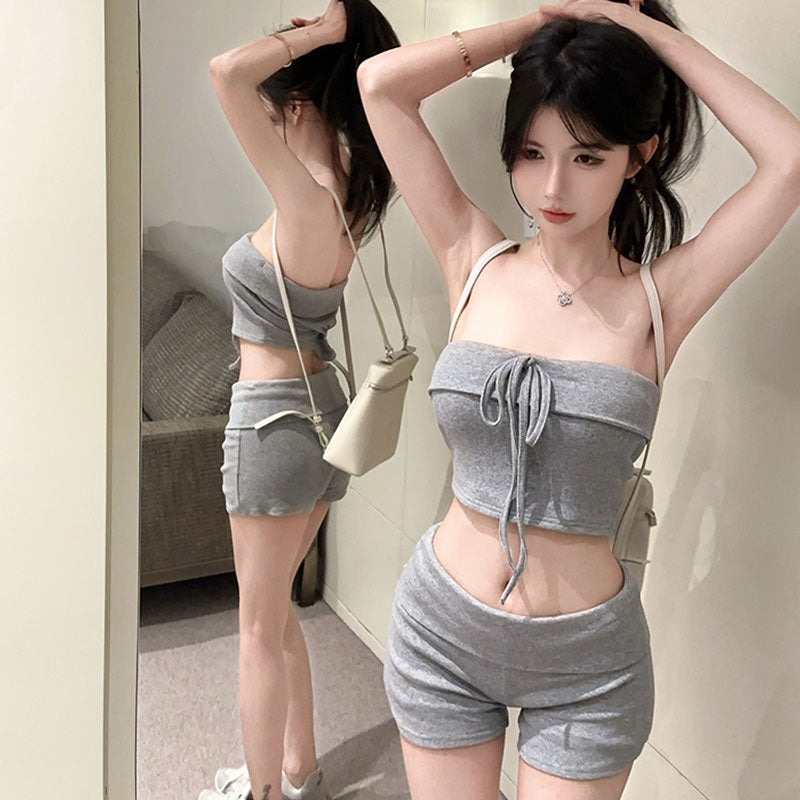 💕純欲修身短款抹胸上衣+運動短褲