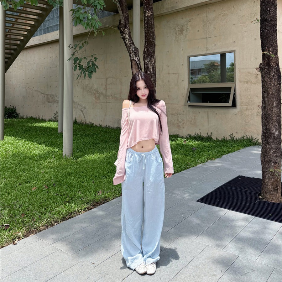 💕溫柔懶人斜肩長袖短款露臍上衣&條紋寬褲兩件套