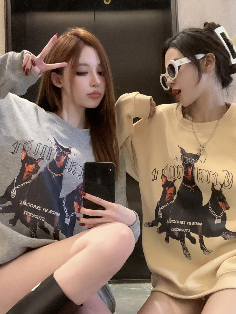 💕美式帥氣杜賓犬印花寬鬆中長衛衣