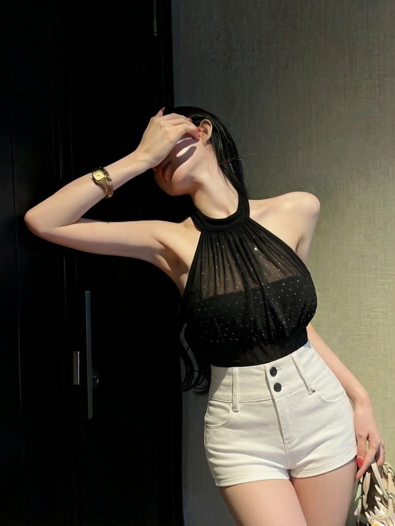 💕掛脖網紗高腰露背燙鑽抹胸單品