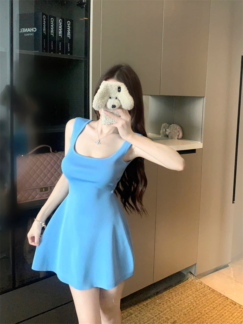💕夏季法式方領針織連衣包臀短裙