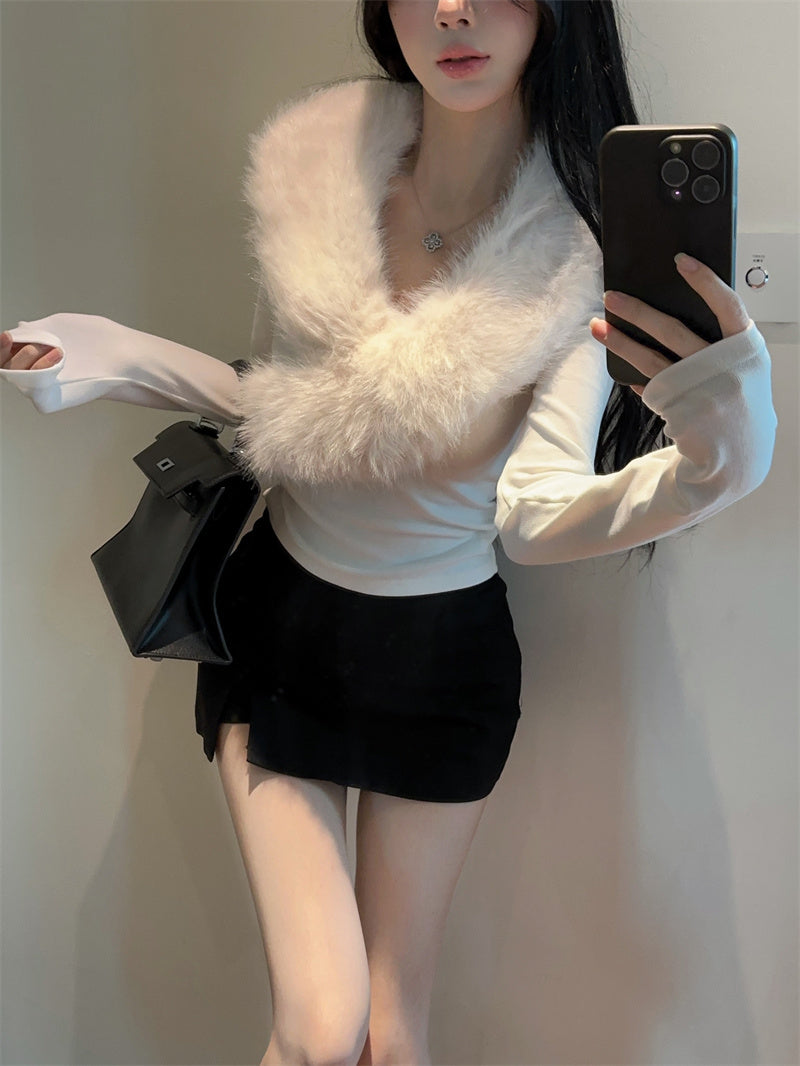 💕純欲辣妹毛領拼接V領長袖修身上衣