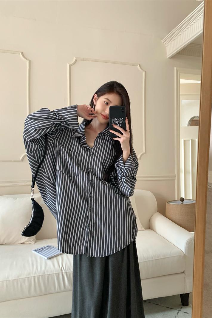 💕休閒條紋口袋襯衫撞色上衣套裝